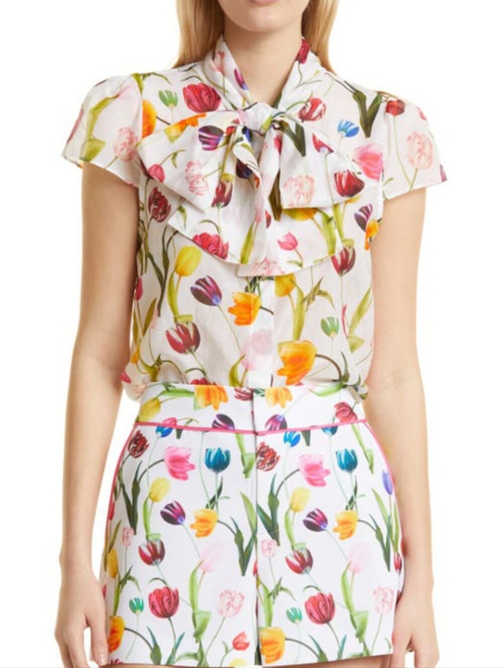 Alice + Olivia Women's Jeannie Floral Kiss My Tulips Tie Neck Blouse size XL